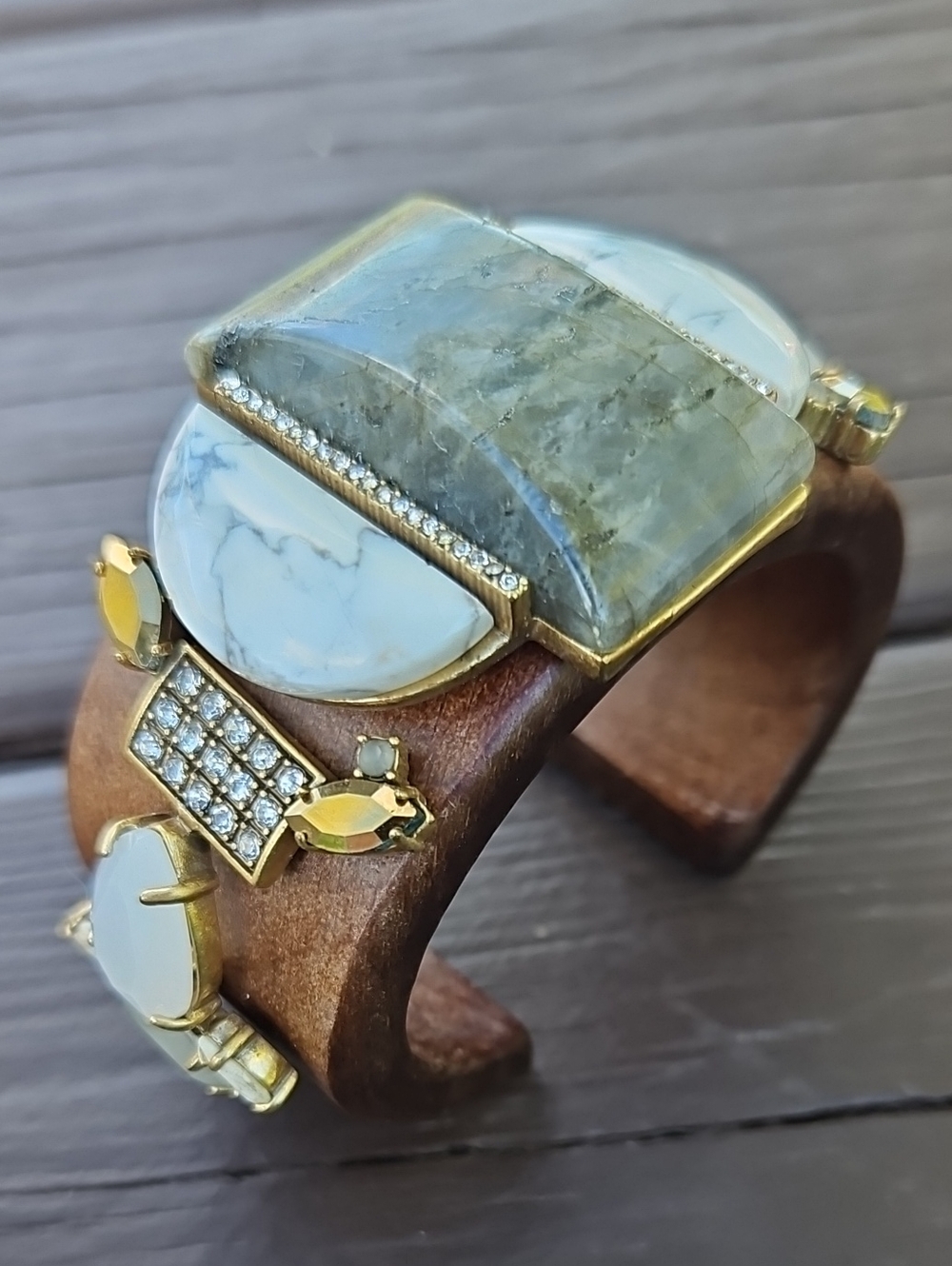 J. Crew Gold-Tone White & Green Stone Wood Cuff Bracelet